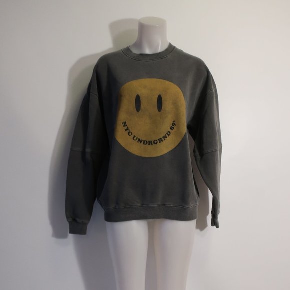 Womens Newtone Gray Yellow Crew Smiley Face NYC Sweatshirt  2 US/L-XL * - Picture 3 of 8